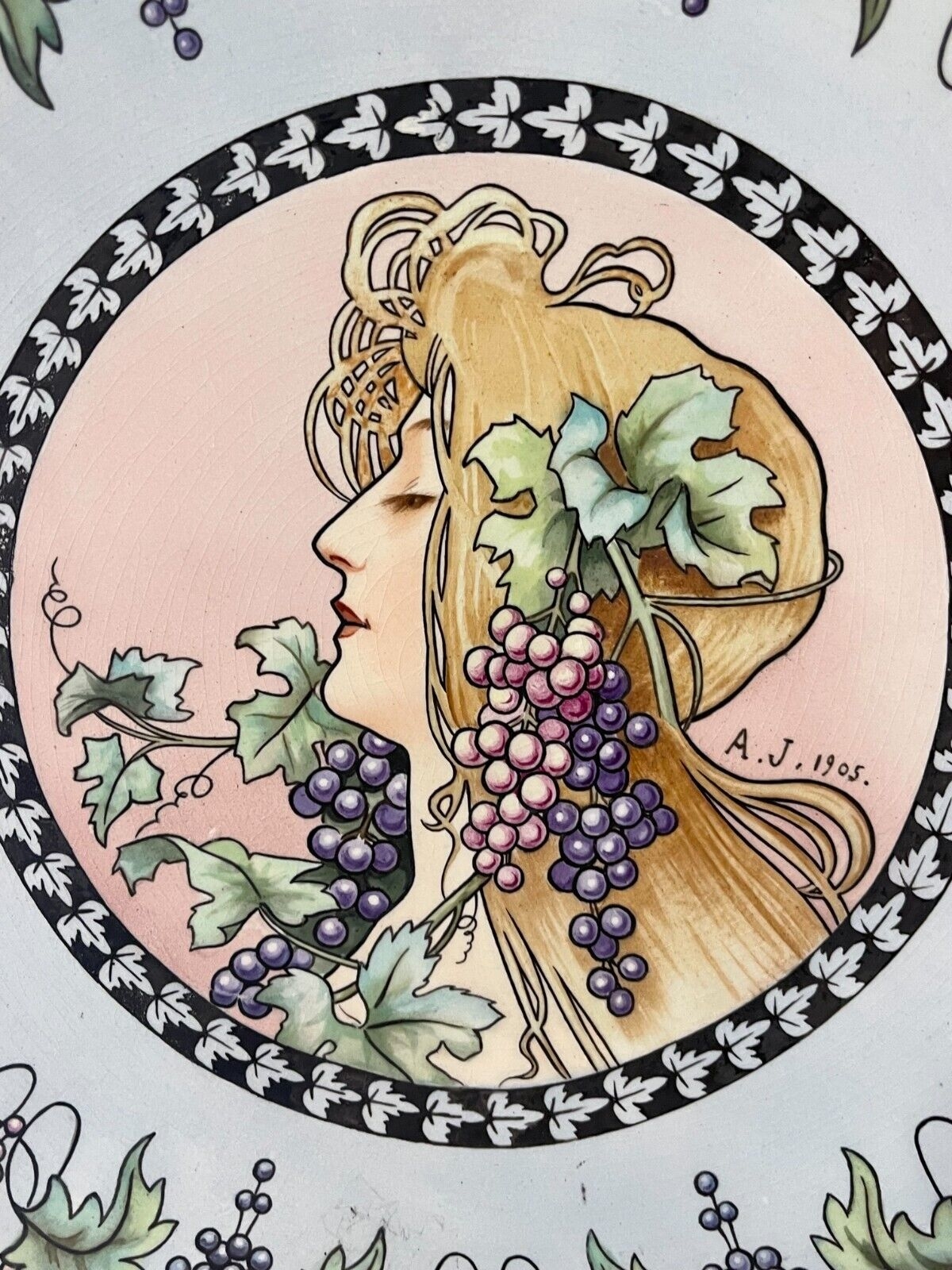 Chinese Art Nouveau Plate after Henri Privat Livemont 1905 Woman Grapes – Image 3