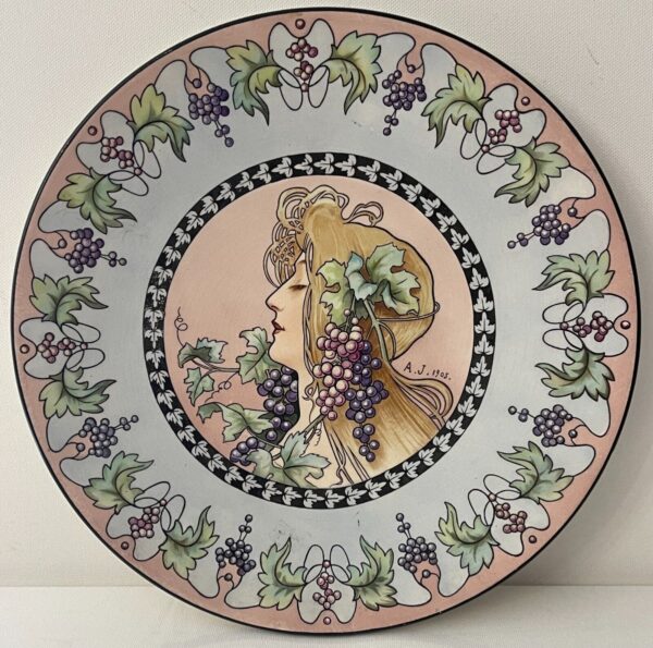 Chinese Art Nouveau Plate after Henri Privat Livemont 1905 Woman Grapes