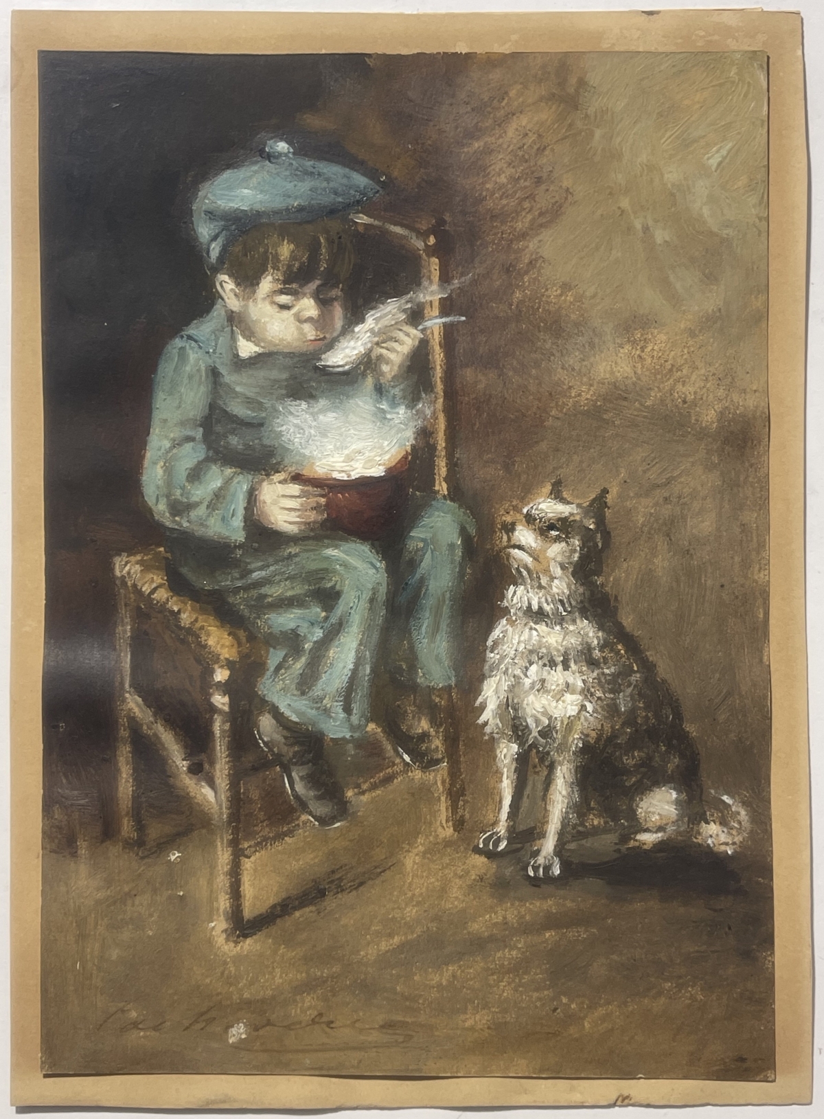 Bernard Lachevre (1885-1950) Child Eating Soup with Dog Signed French Gouache – Image 3