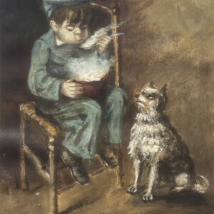 Bernard Lachevre (1885-1950) Child Eating Soup with Dog Signed French Gouache