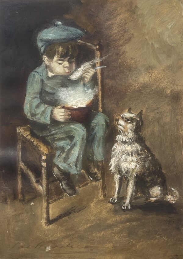 Bernard Lachevre (1885-1950) Child Eating Soup with Dog Signed French Gouache