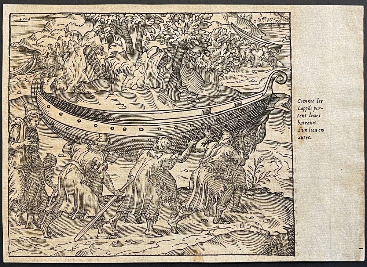 1575 André Thevet Original Woodcut Lapland Finland Sami Transporting Boat XVIth – Image 5