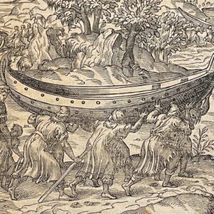 1575 André Thevet Original Woodcut Lapland Finland Sami Transporting Boat XVIth