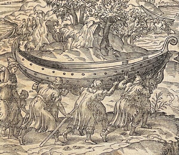 1575 André Thevet Original Woodcut Lapland Finland Sami Transporting Boat XVIth