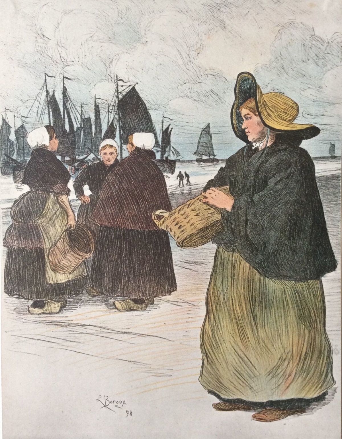 Louis Borgex Les Sardinières Lithographie Originale Couleurs Engraving 1898 – Image 3