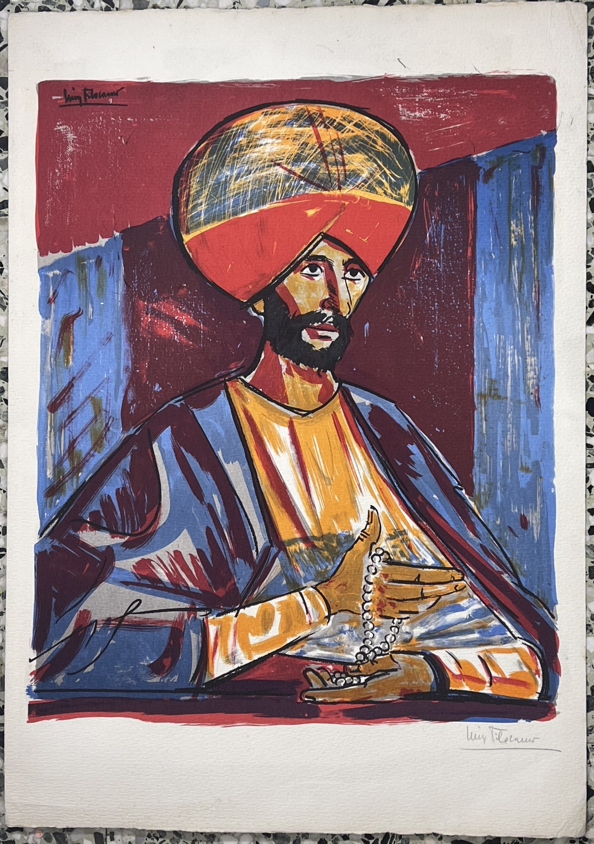 Orientaliste lithographie signée Luigi Filocamo (1906-1988) Arabe Musulman – Image 5