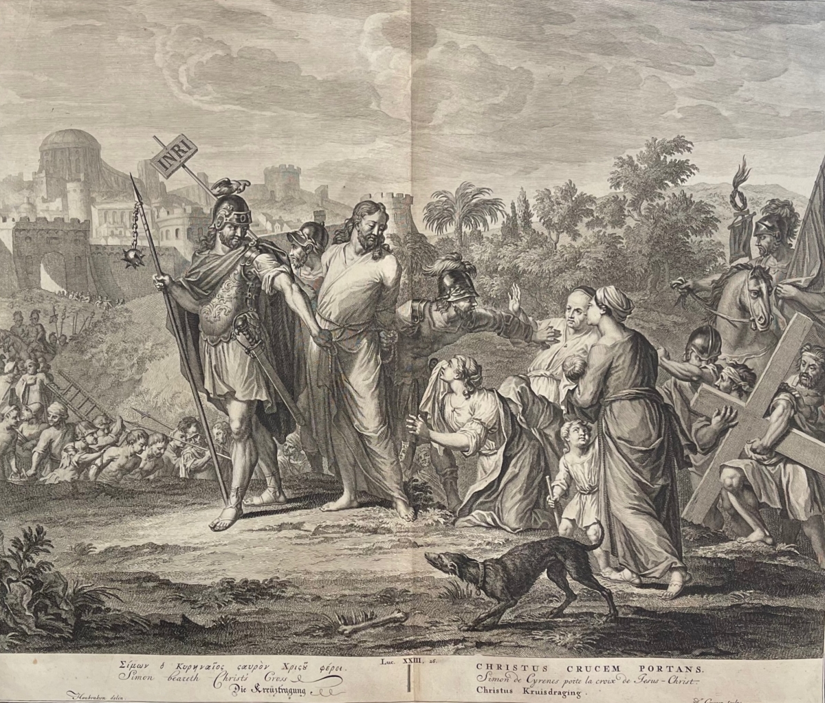 Portement de Croix Houbraken Engraving originale 1728 Passion du Christ Jésus – Image 2