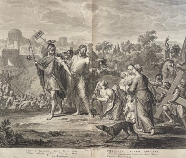 Portement de Croix Houbraken Engraving originale 1728 Passion du Christ Jésus