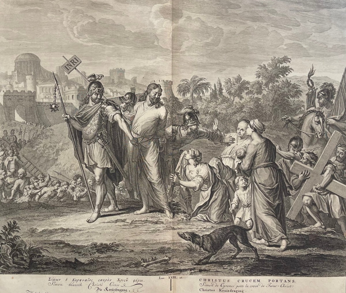 Portement de Croix Houbraken Engraving originale 1728 Passion du Christ Jésus