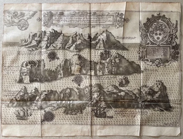 1598 Map of Saint Helena Island Engraving Jan Huygen van Linschoten Antique