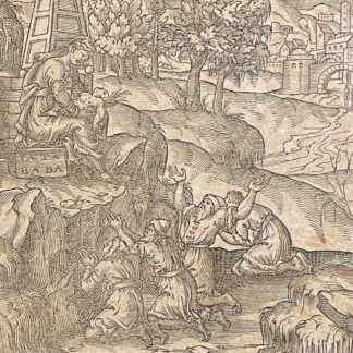 Gravure sur bois vers 1575 publiée dans une œuvre d’André Thevet représentant des personnages agenouillés devant la statue de Tata Baba.