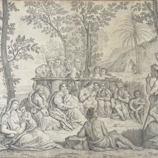 Saint John the Baptist drawing after Francesco Albani showing the preacher addressing men women and children in a wooded landscape.