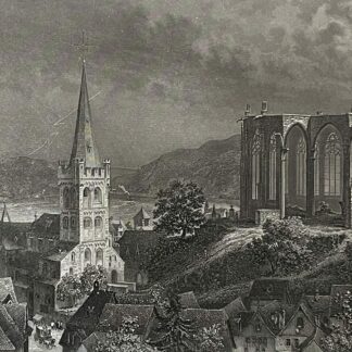 Bacharach on the Rhine Large Antique Steel Engraving, Germany ci1880 Allemagne