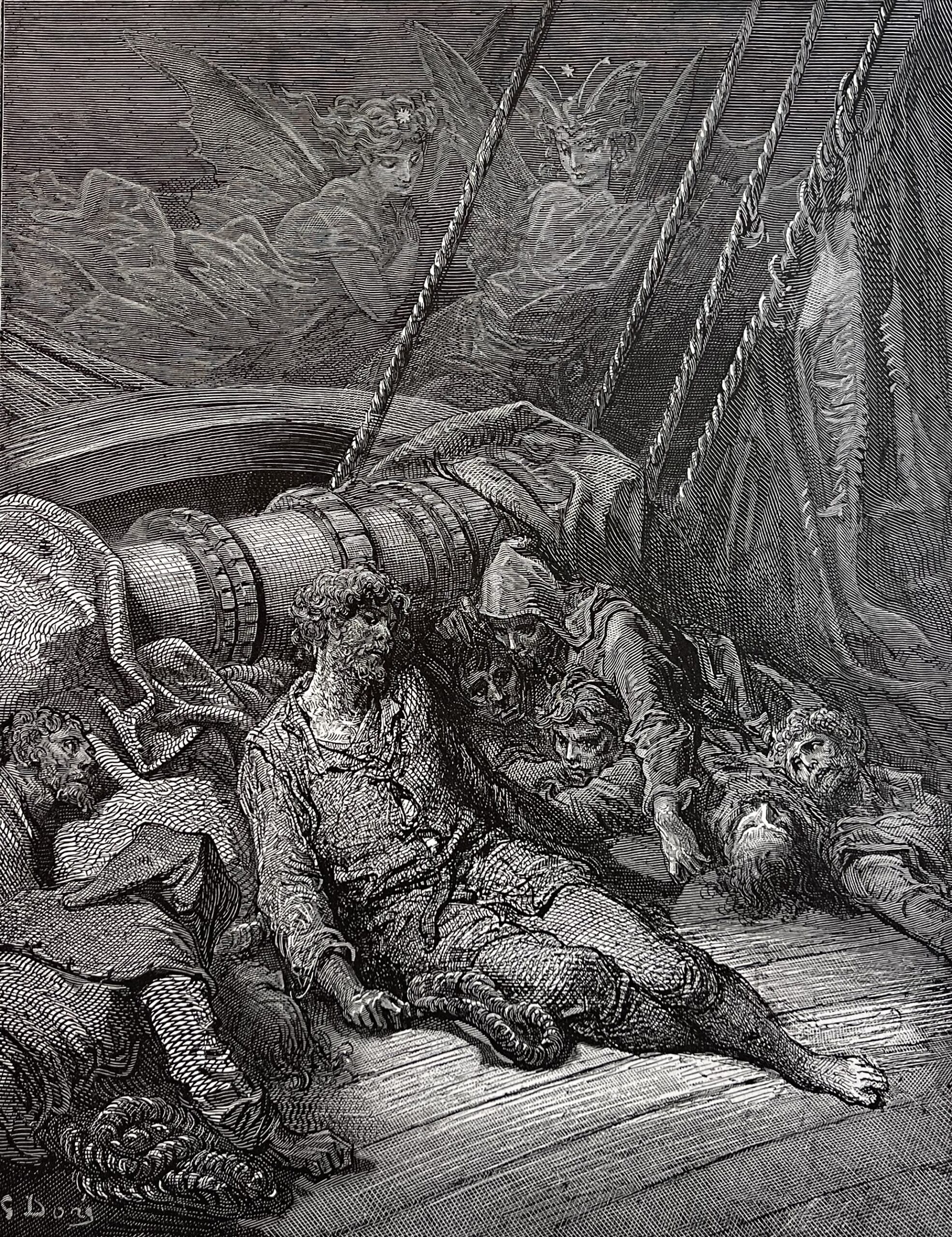 1876 Gustave Doré Antique Engraving Ancient Mariner Two Voices in the Air Marin