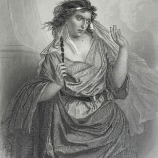 Gravure de 1860 représentant la Sorcière d’Endor tenant une baguette dans une composition de Gustave Staal