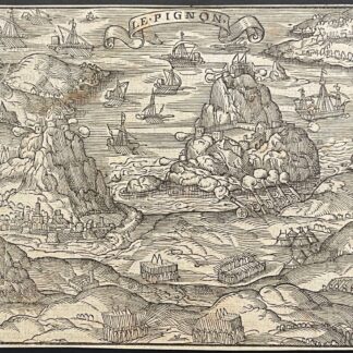 André Thevet Le Pignon gravure ancienne sur bois représentant une île fortifiée avec navires et positions défensives
