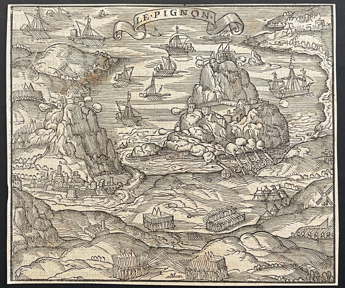 André Thevet Le Pignon gravure ancienne sur bois représentant une île fortifiée avec navires et positions défensives
