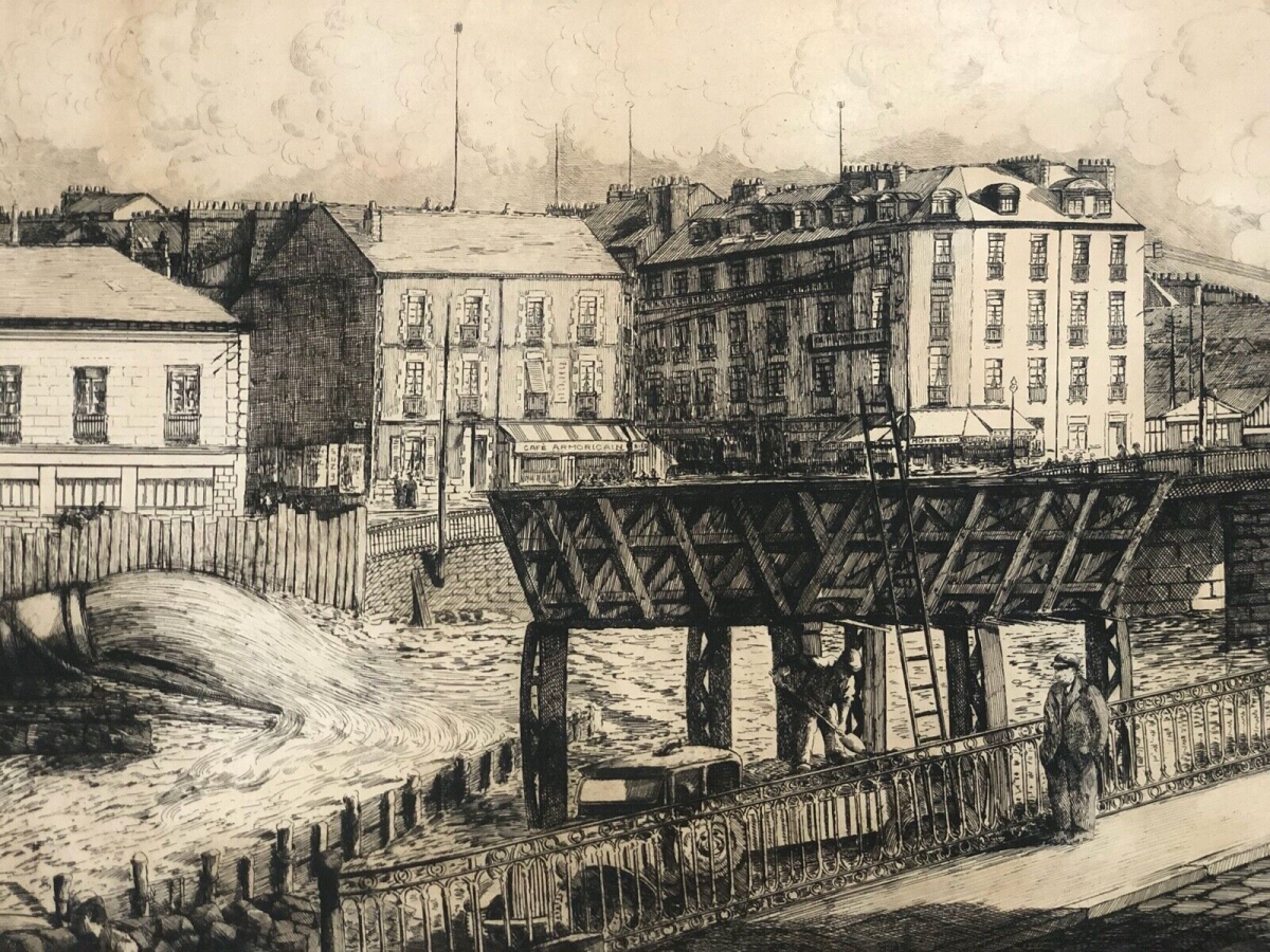 Nantes Erdre River Filling 1938 Signed Etching J. Palier Brittany France – Image 6