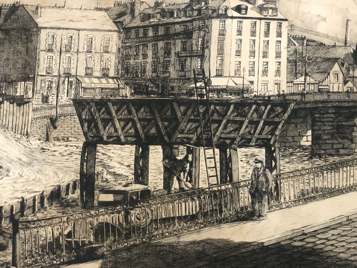 Nantes Erdre River Filling 1938 Signed Etching J. Palier Brittany France – Image 5