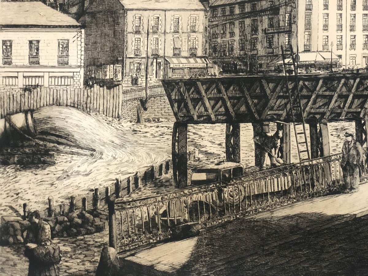 Nantes Erdre River Filling 1938 Signed Etching J. Palier Brittany France – Image 4