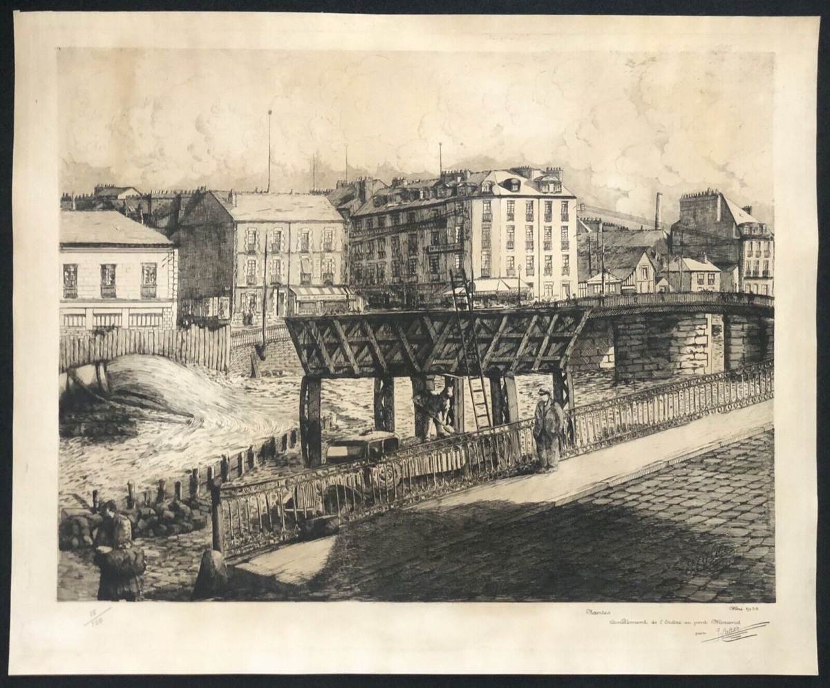 Nantes Erdre River Filling 1938 Signed Etching J. Palier Brittany France – Image 2