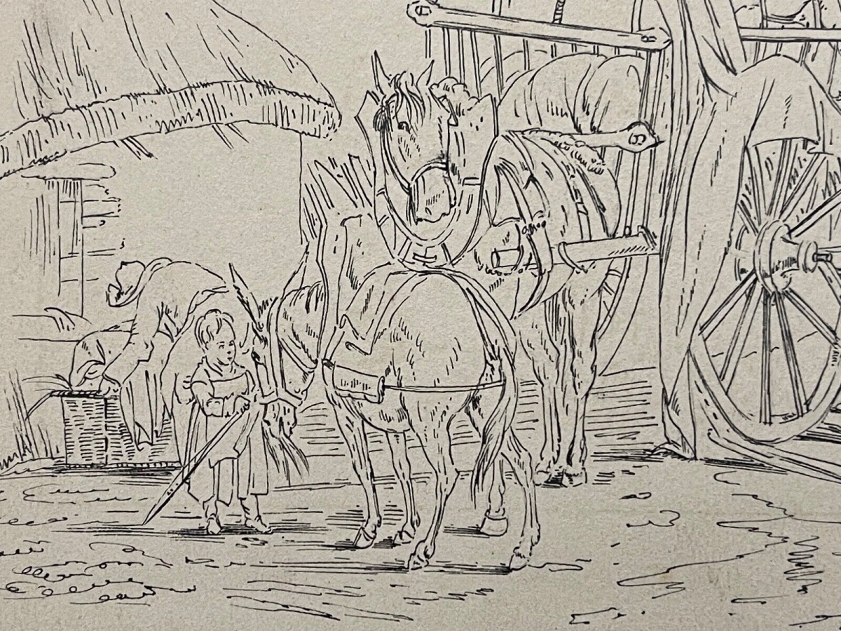 Buanderie de campagne armée Napoléon dessin encre 1885 Pressing – Image 3