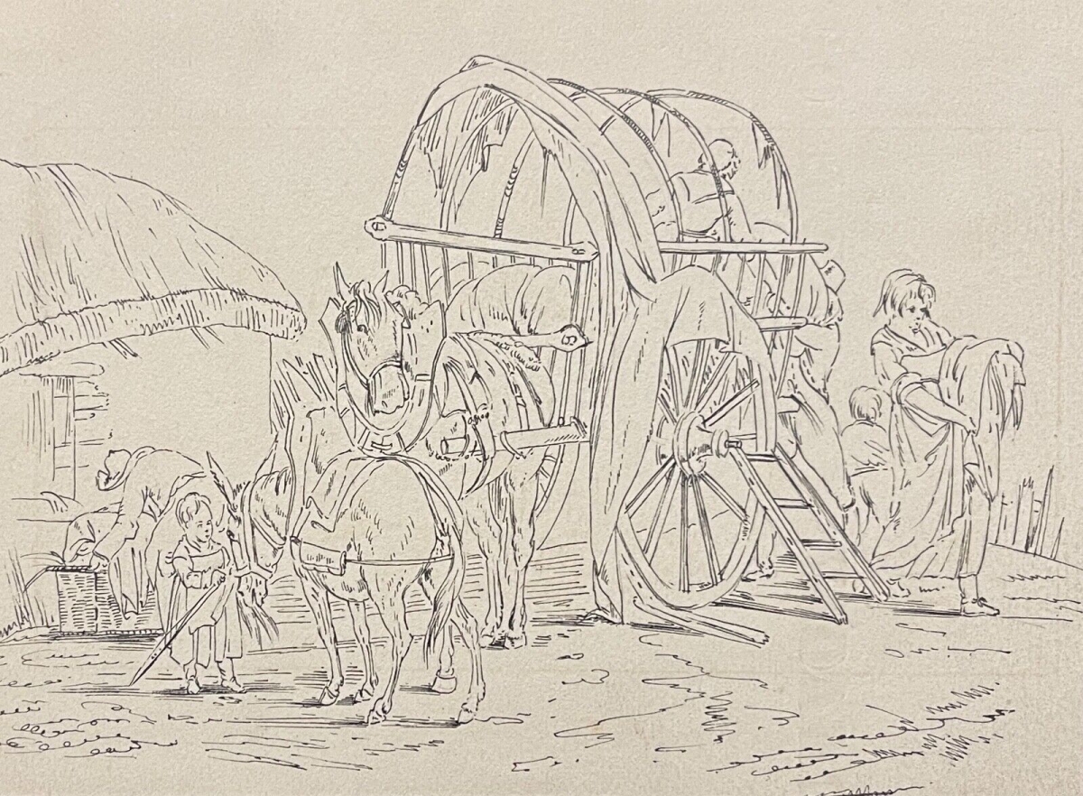 Buanderie de campagne armée Napoléon dessin encre 1885 Pressing