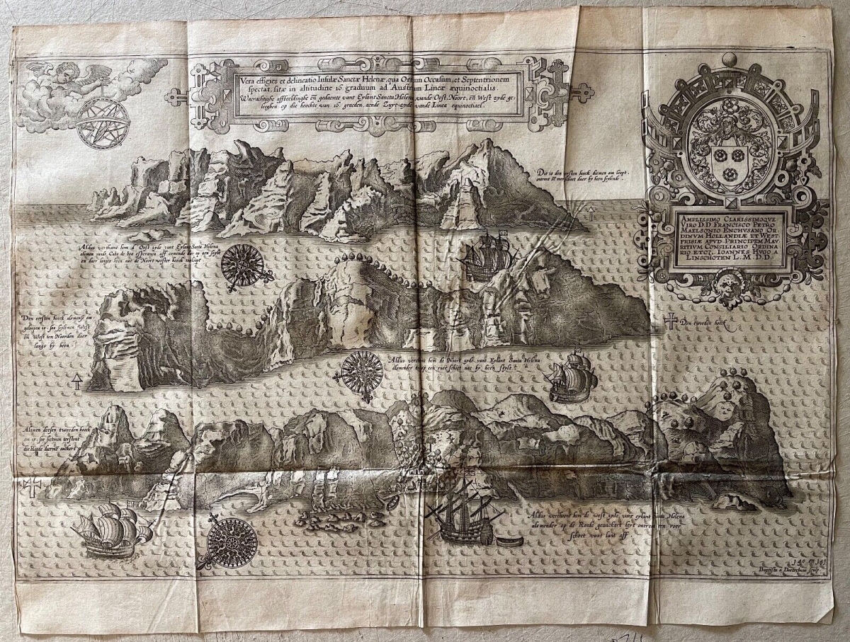 1598 Saint Helena Island Map Jan Huygen van Linschoten Original Engraving Rare – Image 4