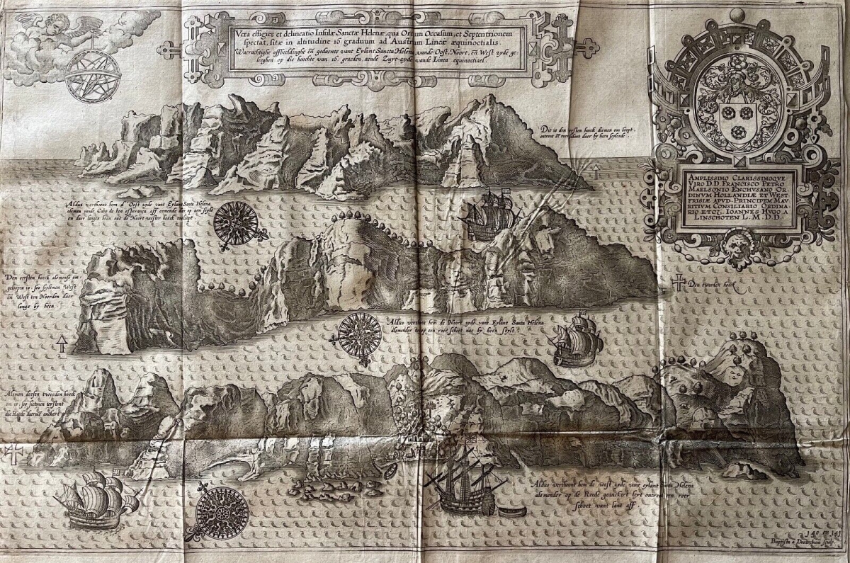 1598 Saint Helena Island Map Jan Huygen van Linschoten Original Engraving Rare