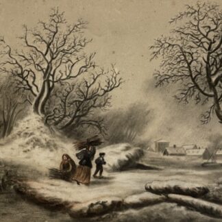 Wood Carrier Charcoal Drawing 1874 Antique French Winter Landscape Anonymous