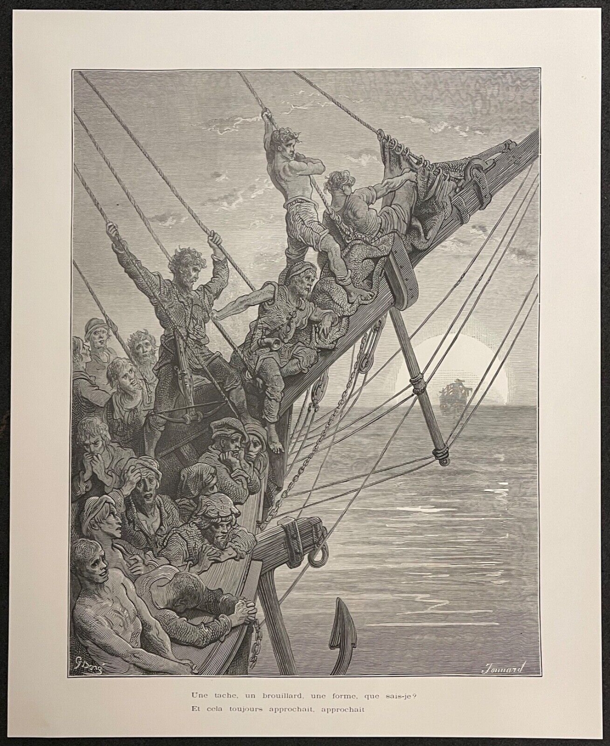 1876 Gustave Doré Antique Engraving Sailors on the Bowsprit Maritime Ship Nautic – Image 3