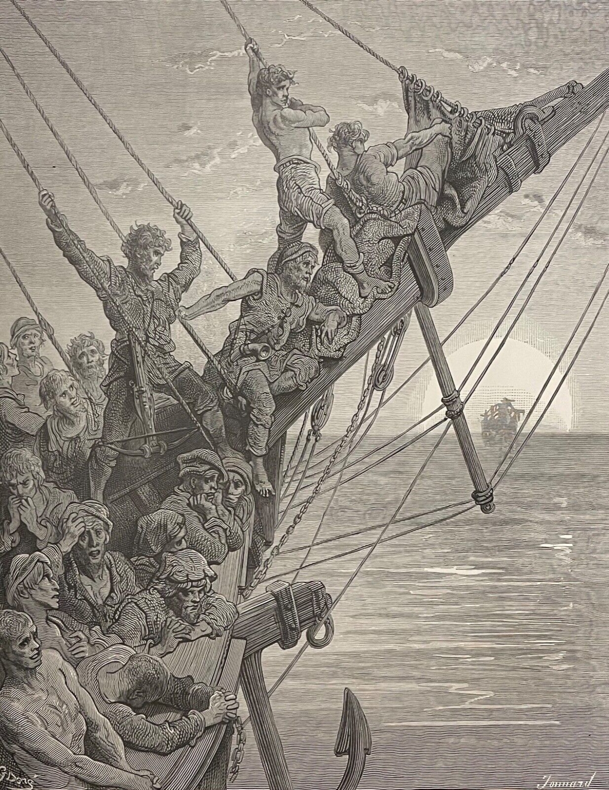 1876 Gustave Doré Antique Engraving Sailors on the Bowsprit Maritime Ship Nautic