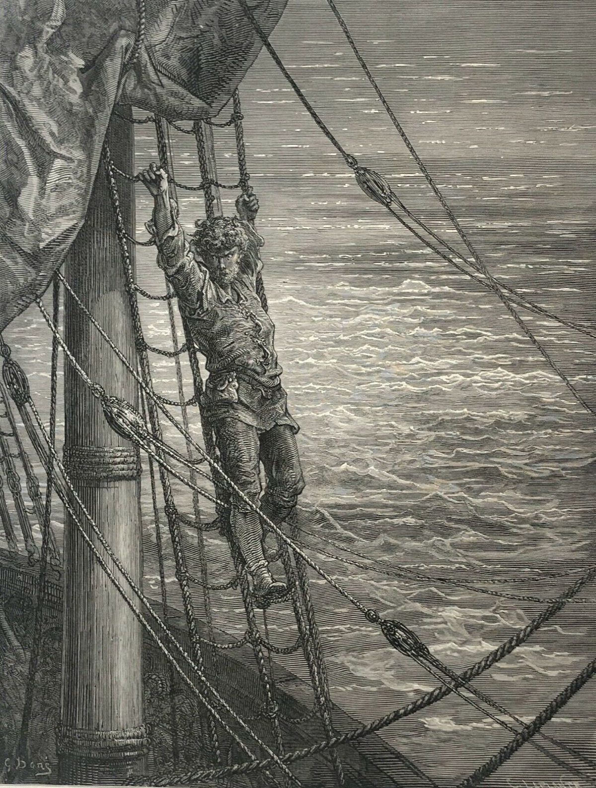 Gustave Doré Le Vieux Marin dans les haubans gravure sur bois de 1876