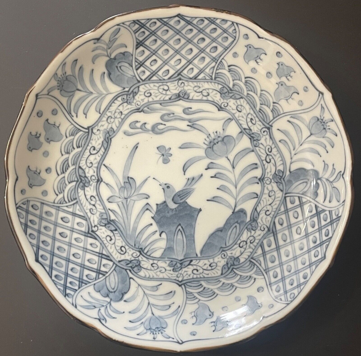 Antique Japanese Blue & White Porcelain Plate Bird Decor Edo Meiji Period 21.5 c – Image 3