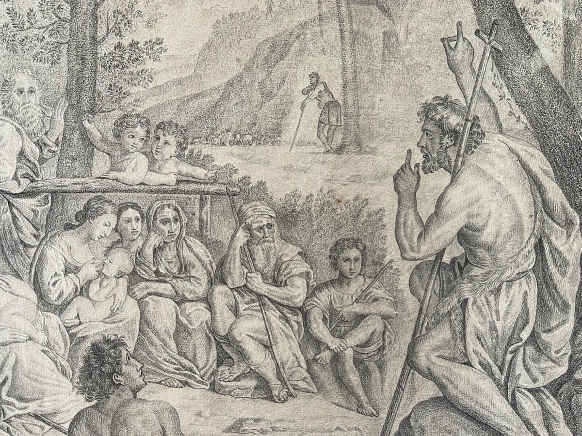 Saint John the Baptist Drawing after Francesco Albani Italy Antique Religious Scene – Image 13