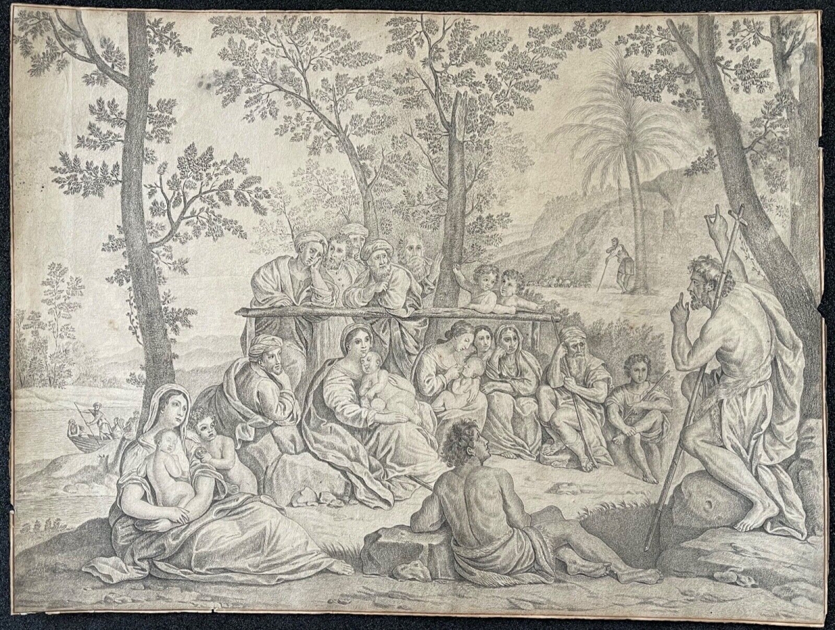 Saint John the Baptist Drawing after Francesco Albani Italy Antique Religious Scene – Image 2