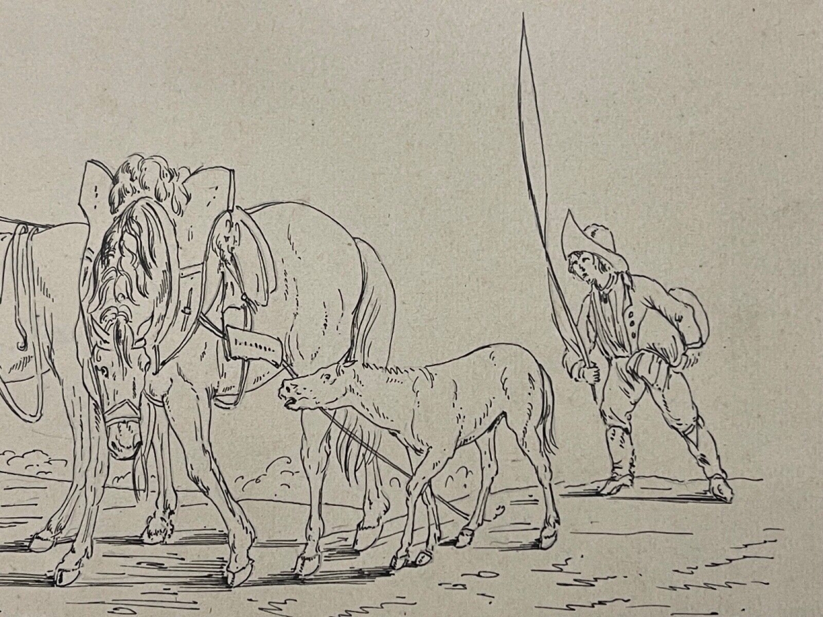Napoleonic Groom with Horses Ink Drawing Attributed to Antony Hottot c1885 – Image 5