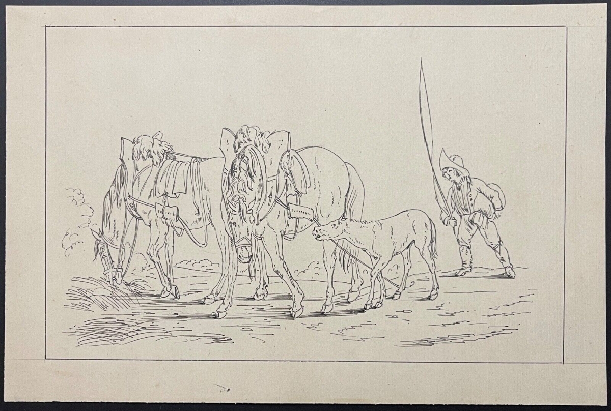 Napoleonic Groom with Horses Ink Drawing Attributed to Antony Hottot c1885 – Image 3