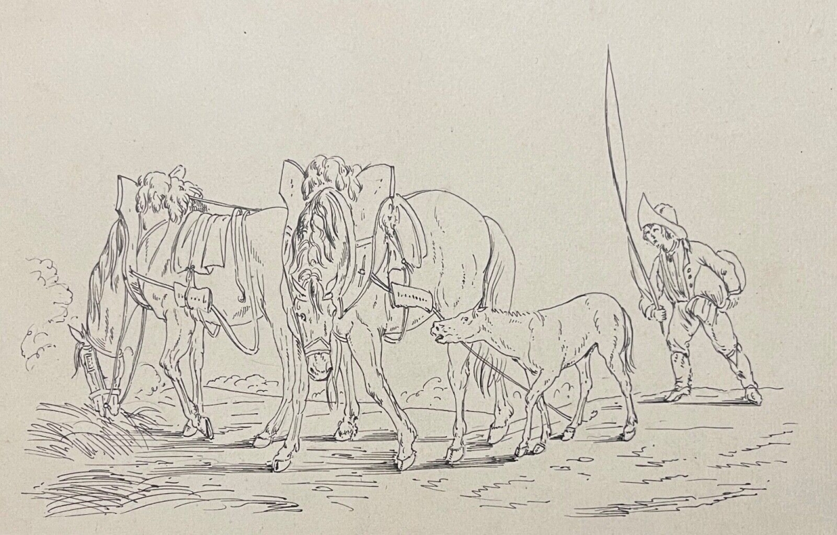 Napoleonic Groom with Horses Ink Drawing Attributed to Antony Hottot c1885 – Image 2