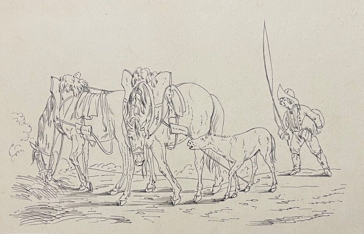 Napoleonic Groom with Horses Ink Drawing Attributed to Antony Hottot c1885