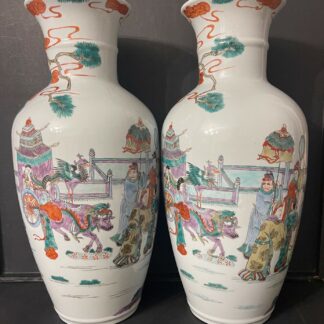 Pair Chinese Qing Guangxu Porcelain Vases Polychrome Court Scene XIXth
