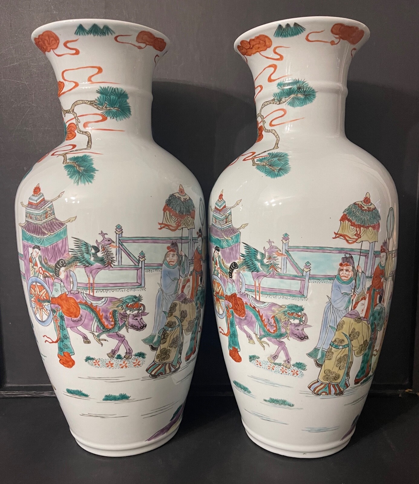 Pair Chinese Qing Guangxu Porcelain Vases Polychrome Court Scene XIXth