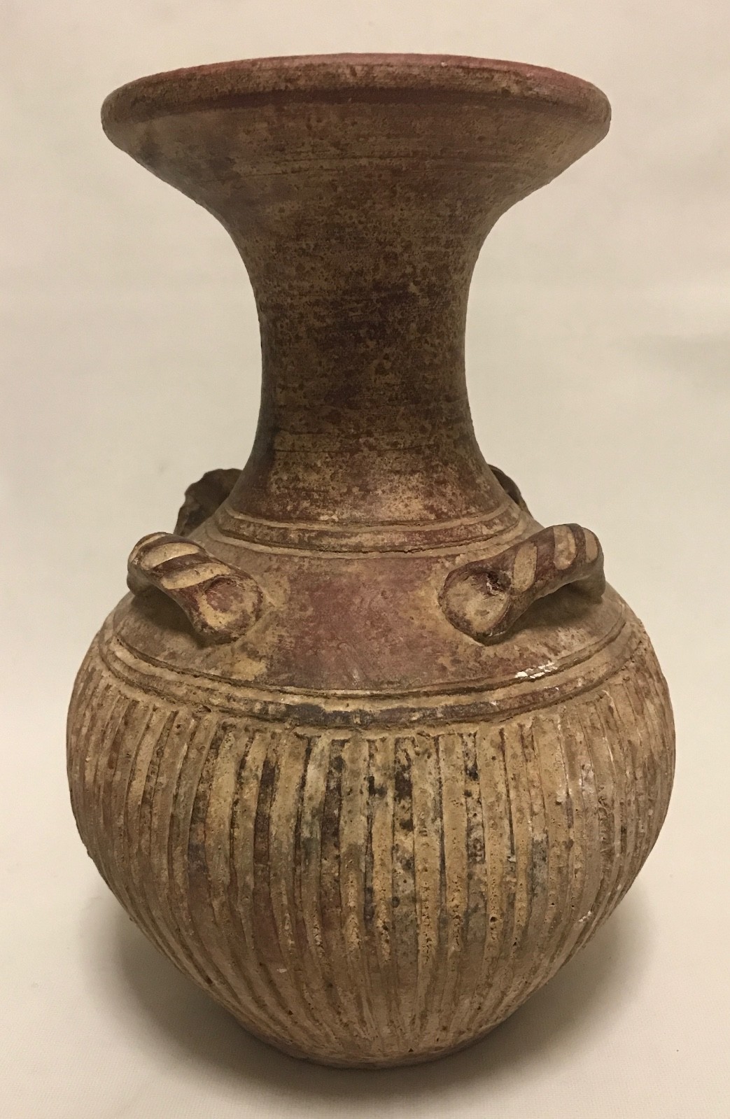 Ancient Chinese Style Terracotta Vase Four Lug Handles Incised Pottery Vesse