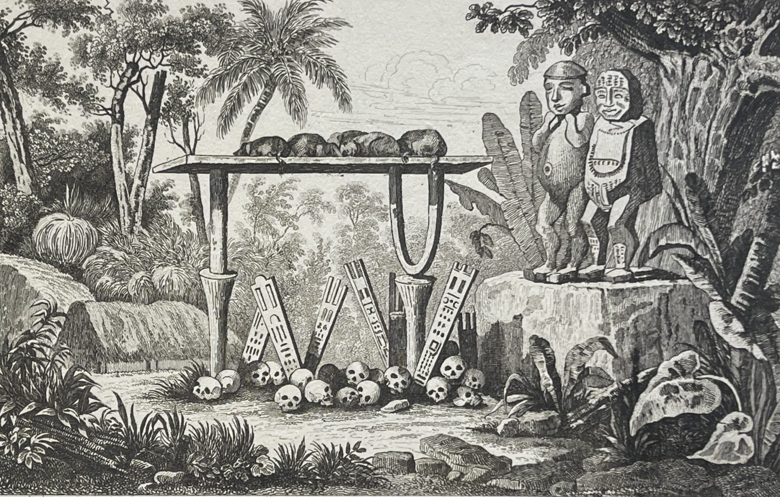 Tahiti Tiki Idols Sacred Altar Engraving 1836 Polynesia Polynésie France