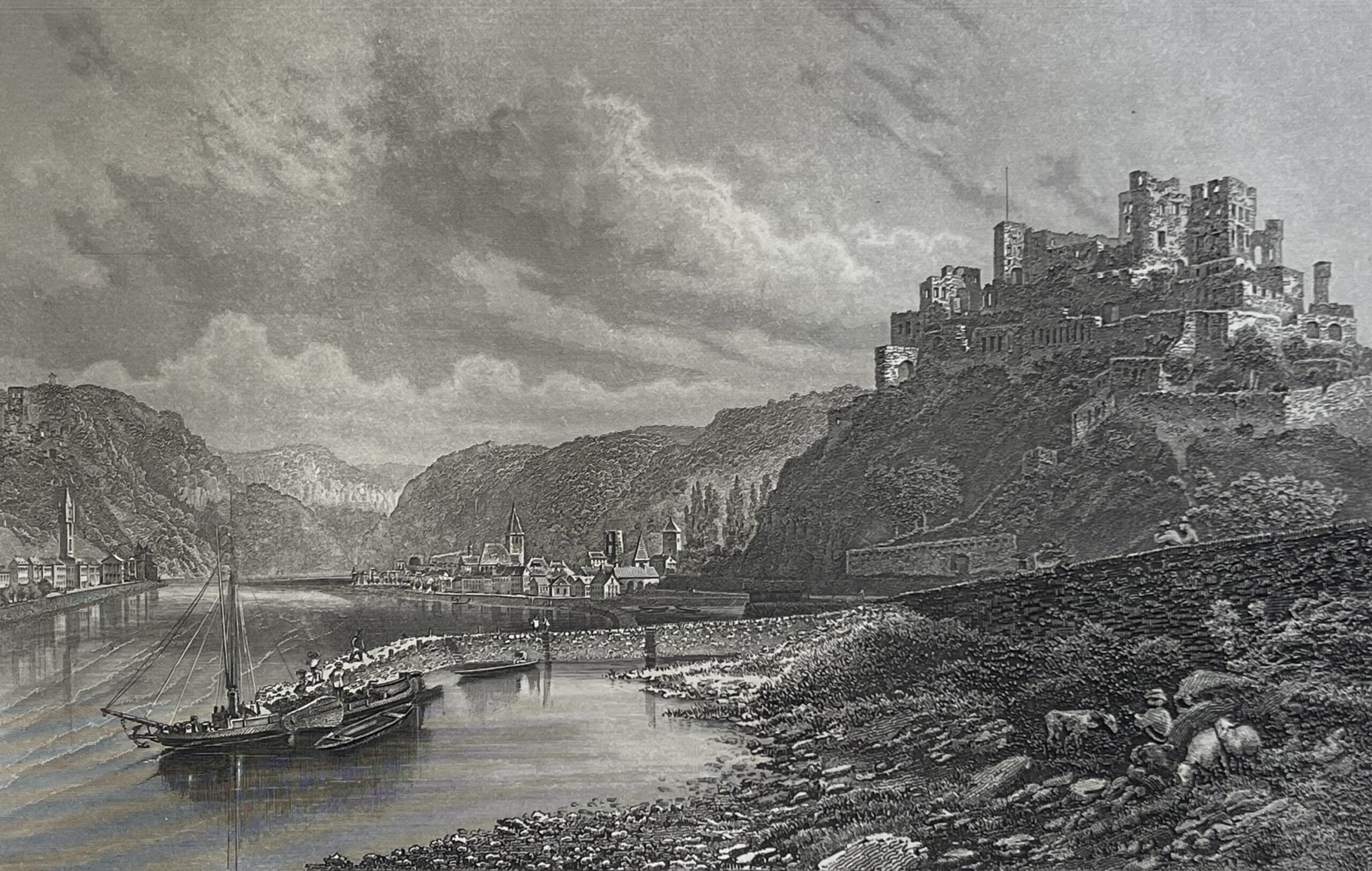 St. Goar on the Rhine with Rheinfels Castle c 1849 Deutschland Germany Rhin