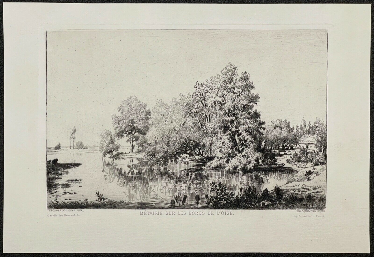 Théodore Rousseau Barbizon "Métairie sur les bords de l'Oise" Bracquemond c 1868 – Image 3