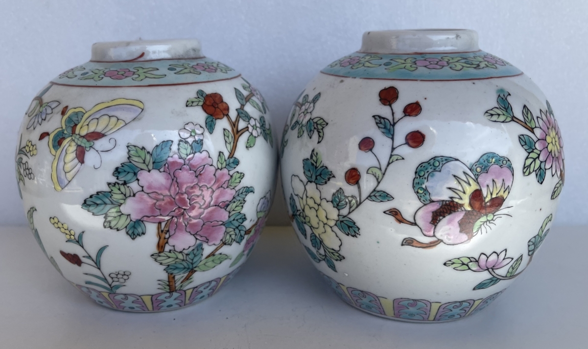 China Pair 19th Century Famille Rose Porcelain Ginger Jars Flowers Butterflies – Image 10