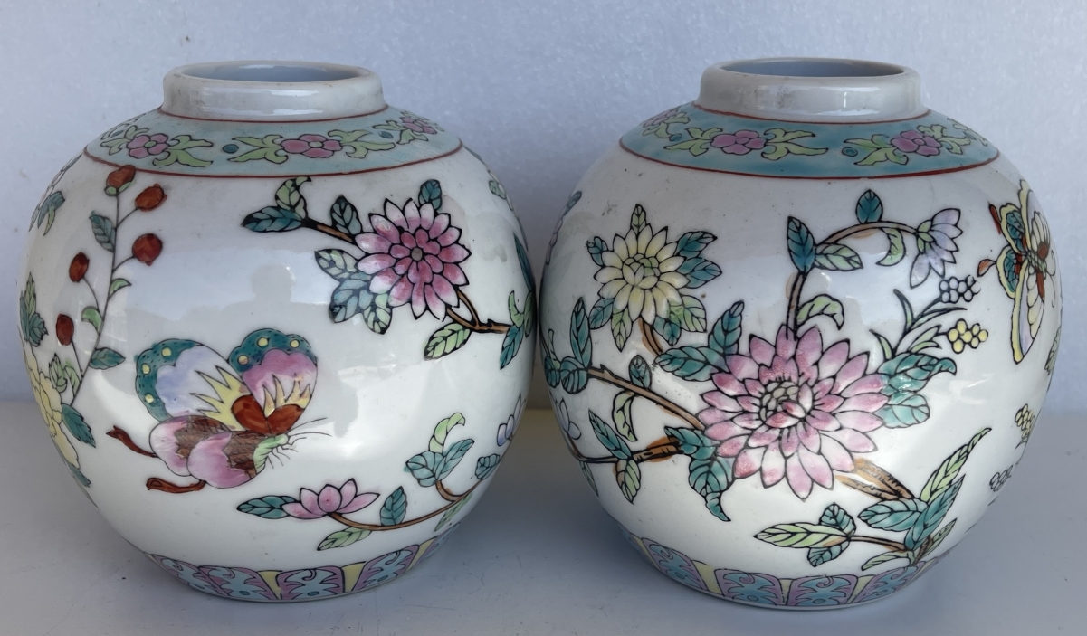 China Pair 19th Century Famille Rose Porcelain Ginger Jars Flowers Butterflies – Image 7