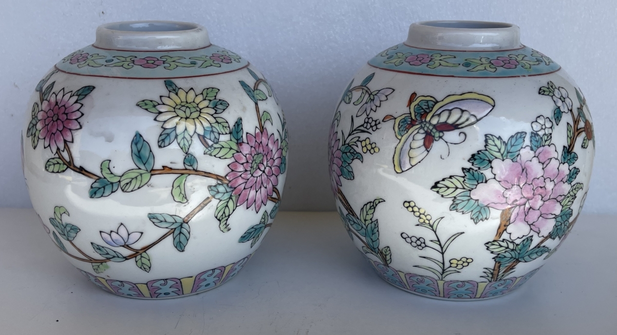 China Pair 19th Century Famille Rose Porcelain Ginger Jars Flowers Butterflies – Image 6