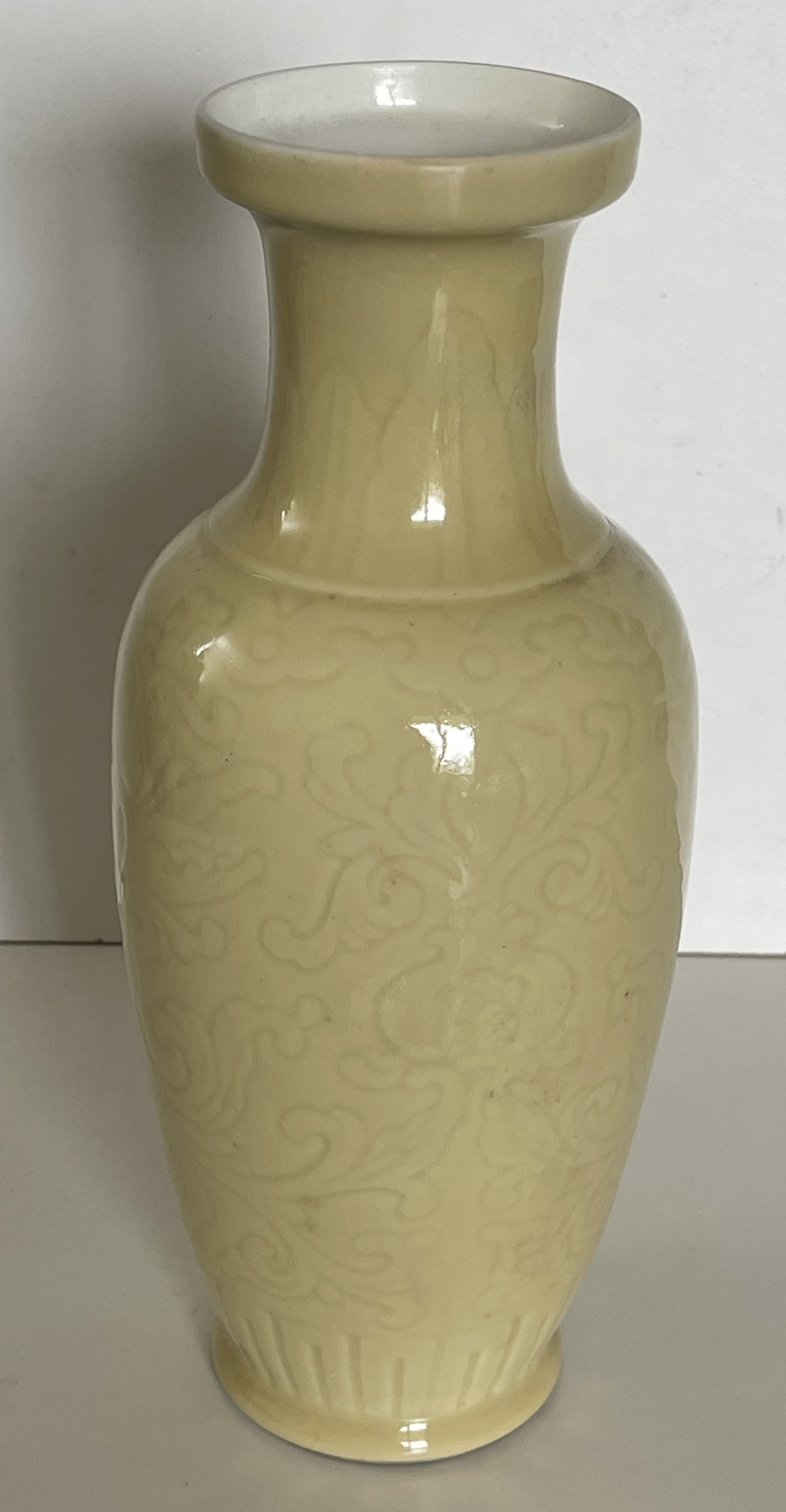 Chinese Yellow Glazed Jingdezhen Porcelain Vase Floral Relief c1950